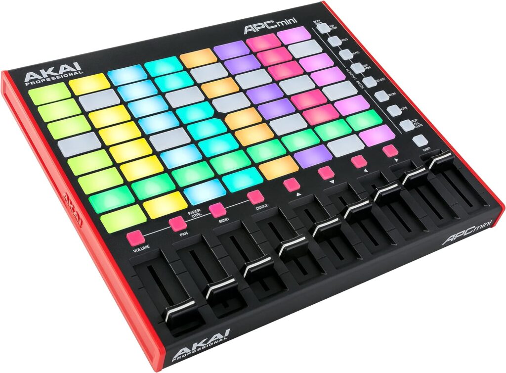AKAI Professional APC Mini MK2 - USB MIDI Pad Controller for Clip Launching with Ableton Live Lite, 64 RGB Pads, Drum and Note Mode and MIDI Mixer AKAI Professional APC Mini MK2 - USB MIDI Pad Controller for Clip Launching with Ableton Live Lite, 64 RGB Pads, Drum and Note Mode and MIDI Mixer
