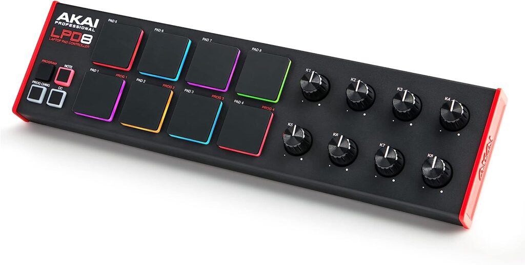 AKAI Professional LPD8 - USB MIDI Controller with 8 Responsive RGB MPC Drum Pads for Mac and PC, 8 Assignable Knobs and Music Production Software