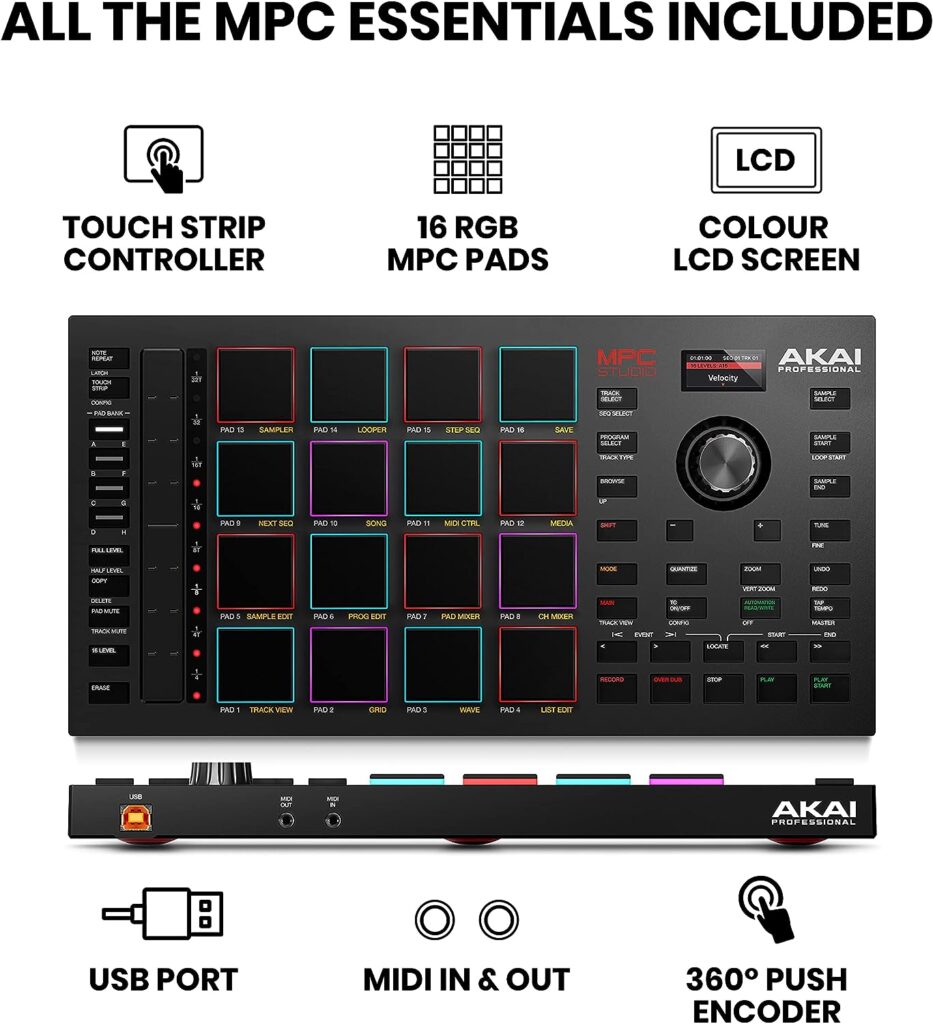 Akai Professional MPC Studio MIDI Controller Beat Maker with 16 Velocity Sensitive RGB Pads, Full MPC 2 Software, assignable Touch Strip  LCD Display