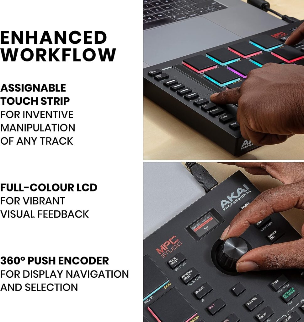 Akai Professional MPC Studio MIDI Controller Beat Maker with 16 Velocity Sensitive RGB Pads, Full MPC 2 Software, assignable Touch Strip  LCD Display