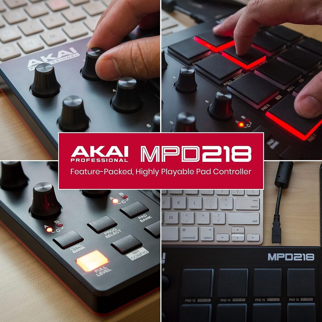 AKAI Professional MPD218 - USB MIDI Controller with 16 MPC Drum Pads, 6 Assignable Knobs, Note Repeat  Full Level Buttons and Production Software