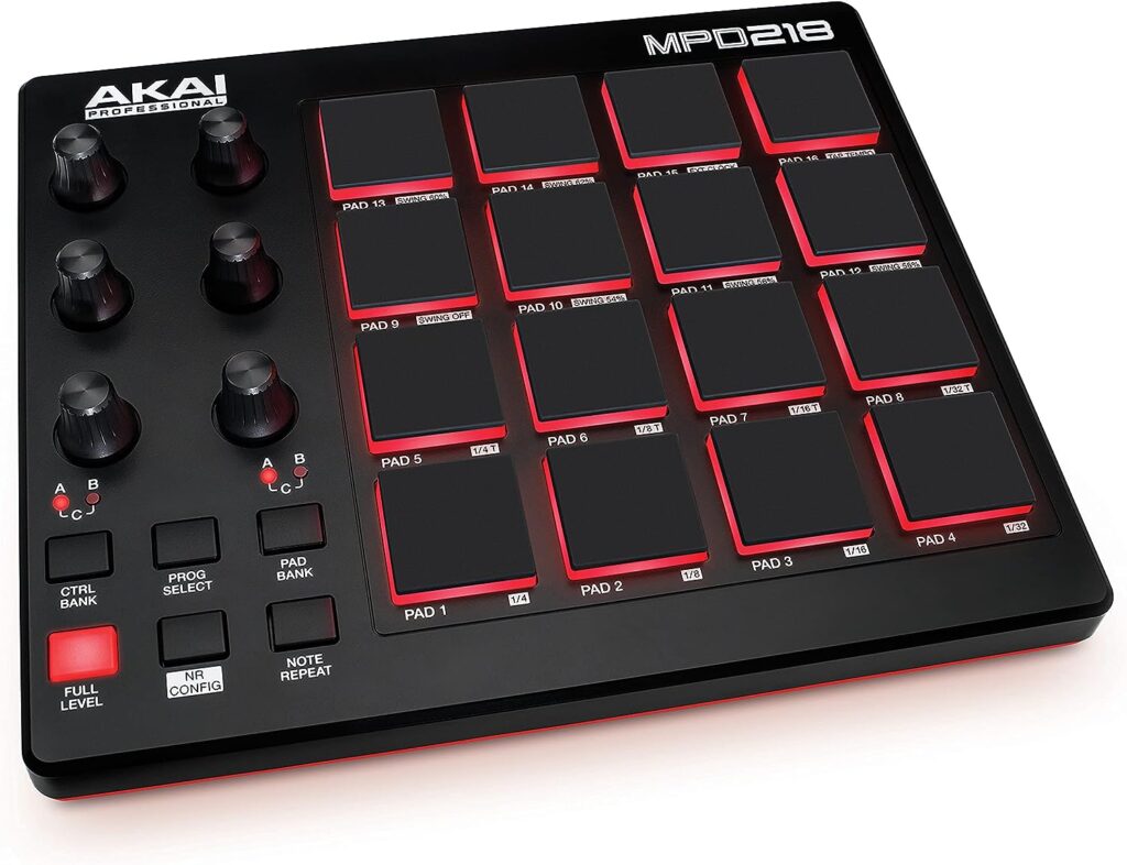 AKAI Professional MPD218 - USB MIDI Controller with 16 MPC Drum Pads, 6 Assignable Knobs, Note Repeat  Full Level Buttons and Production Software