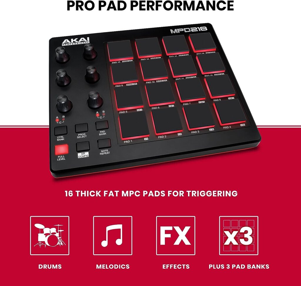 AKAI Professional MPD218 - USB MIDI Controller with 16 MPC Drum Pads, 6 Assignable Knobs, Note Repeat  Full Level Buttons and Production Software