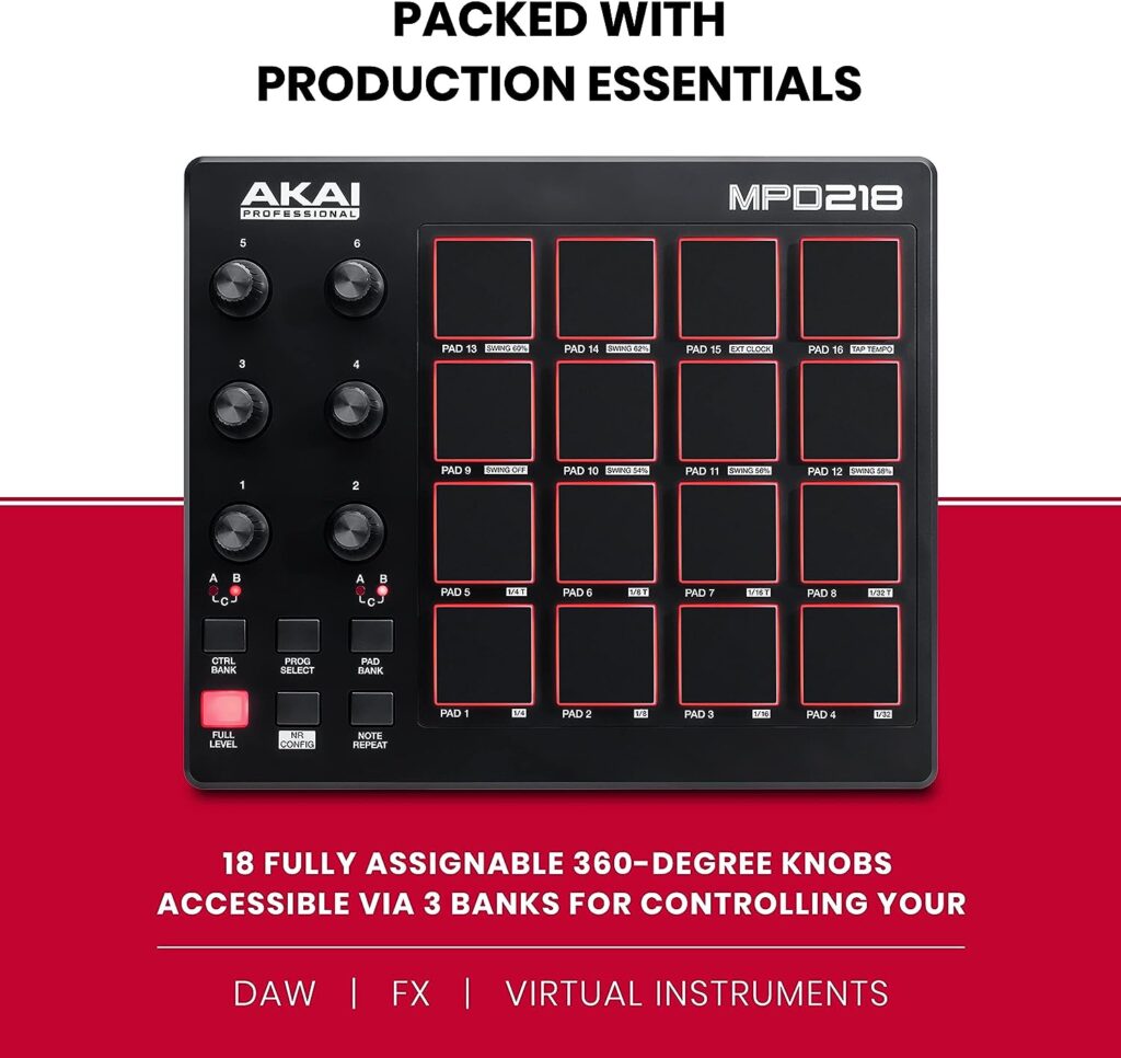 AKAI Professional MPD218 - USB MIDI Controller with 16 MPC Drum Pads, 6 Assignable Knobs, Note Repeat  Full Level Buttons and Production Software
