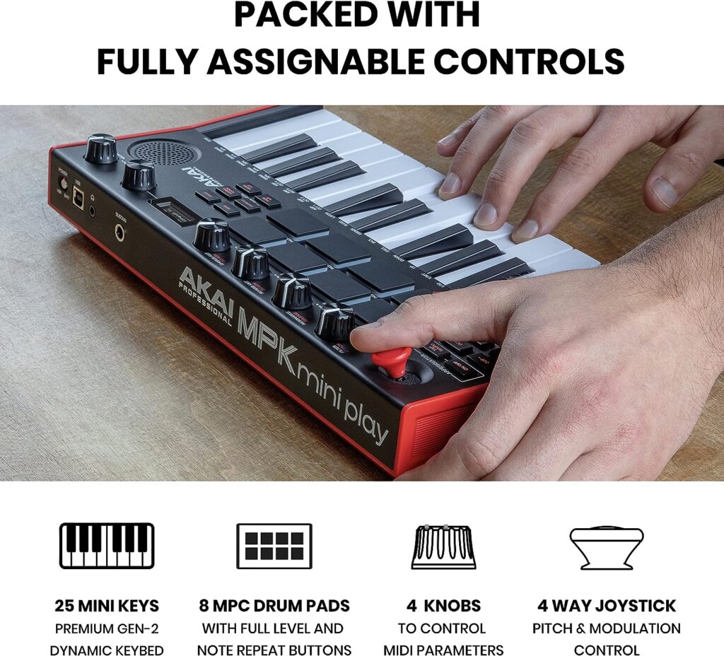 AKAI Professional MPK Mini Play MK3 - MIDI Keyboard Controller with Built in Speaker and Sounds Plus Dynamic Keybed, MPC Pads and Software Suite,Black