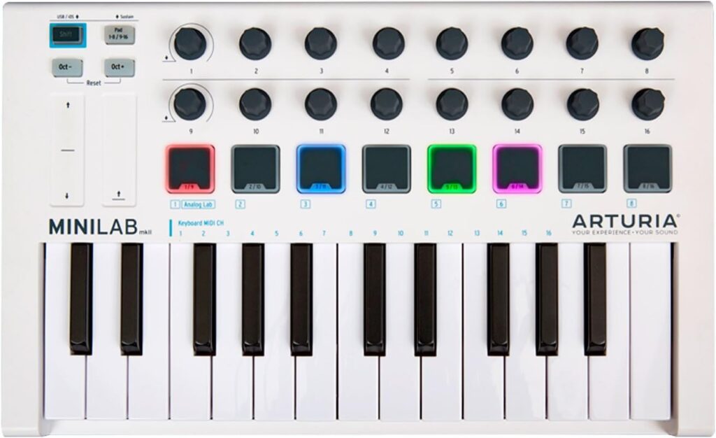 Arturia MINILAB MKII Universal MIDI Controller MiniLab MkII Keyboard Controller Features a Great-Feeling Keybed with 25 Slim Keys, 16 Knobs, 8 Pads and Touch Controls in a Space Saving Package