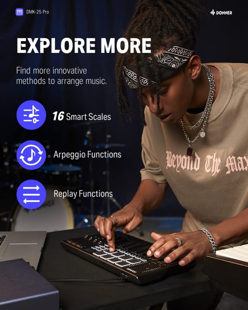 Donner DMK25 Pro MIDI Keyboard Controller, 25 Mini Key Portable USB-C MIDI Keyboard with 8 Drum Pads, OLED Display, Personalized Touch Bar, Music Production Software and 40 Free Courses