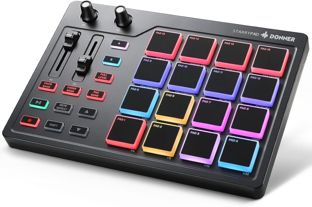 Donner MIDI Pad Beat Maker with 16 Beat Pads, 2 Assignable Fader  Knobs and Music Production Software Included, USB MIDI Pad Controller STARRYPAD with 40 Free Courses