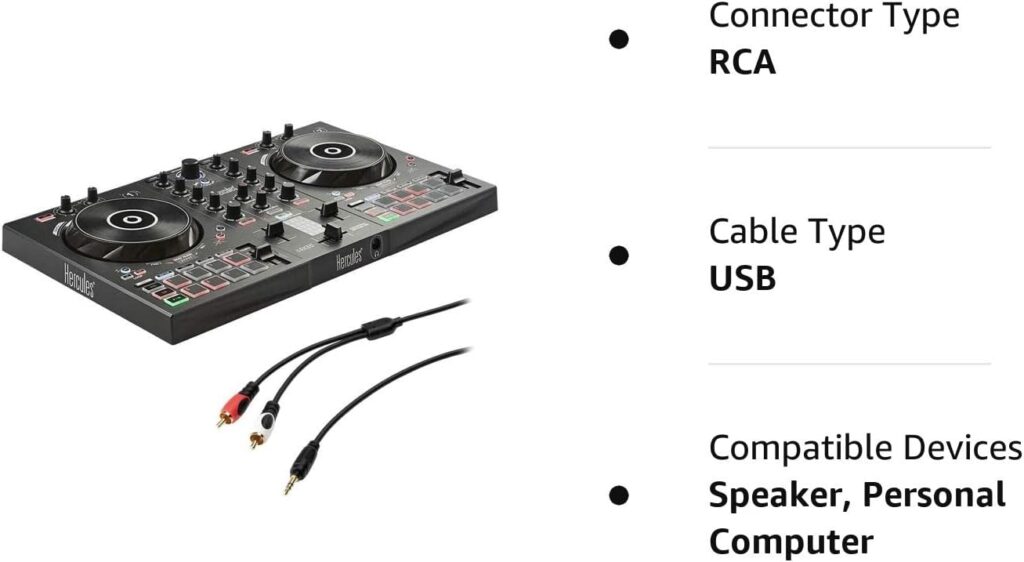 Hercules DJ 2 Control Inpulse 300, Black with 8in Stereo Mini to Dual RCA Y-Cable (6) Bundle, Speaker