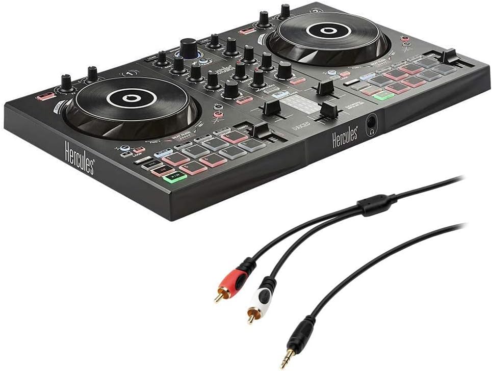 Hercules DJ 2 Control Inpulse 300, Black with 8in Stereo Mini to Dual RCA Y-Cable (6) Bundle, Speaker