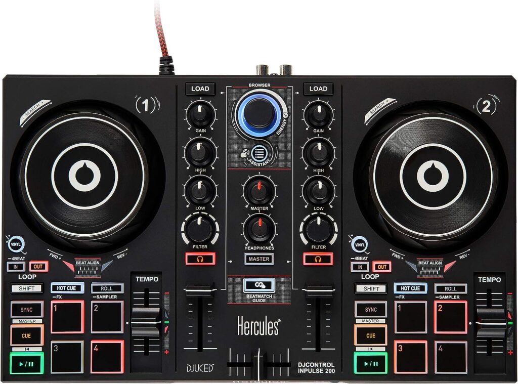 Hercules DJ Learning Kit w/ Inpulse 200 DJ Controller, 15 Watt Monitor Speakers and Sound-Isolating Headphones –2 Decks