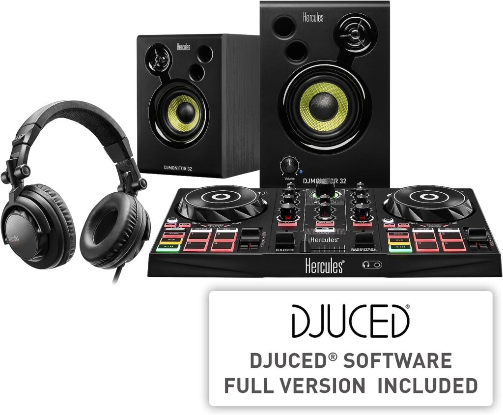 Hercules DJ Learning Kit w/ Inpulse 200 DJ Controller, 15 Watt Monitor Speakers and Sound-Isolating Headphones –2 Decks