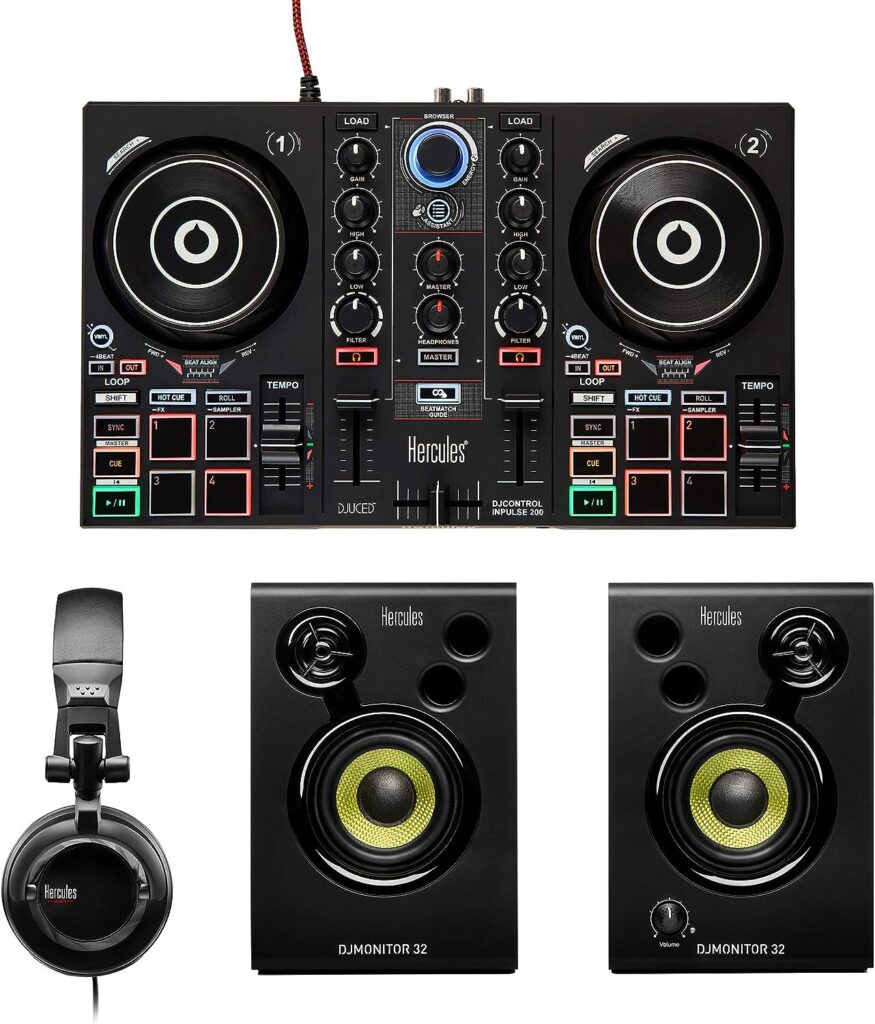 Hercules DJ Learning Kit w/ Inpulse 200 DJ Controller, 15 Watt Monitor Speakers and Sound-Isolating Headphones –2 Decks