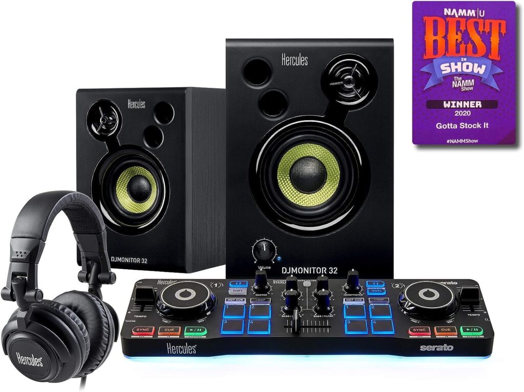 Hercules DJ Starter Kit | Starlight USB DJ Controller with Serato DJ Lite Software, 15-Watt Monitor Speakers, and Sound-Isolating Headphones