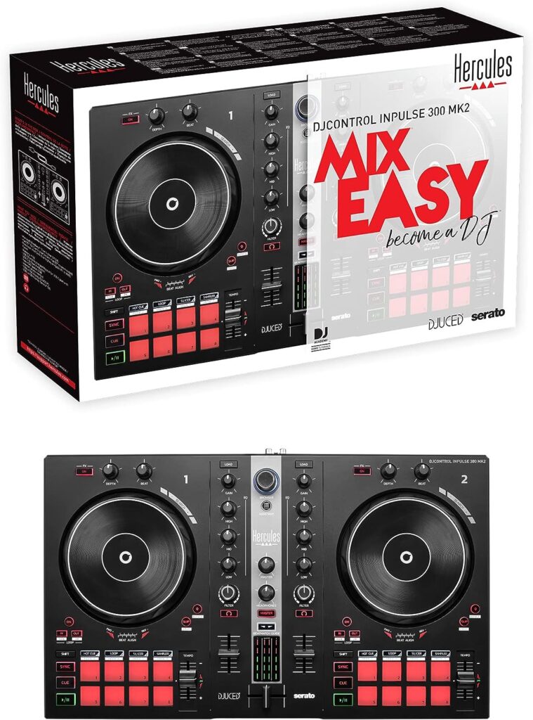 Hercules DJControl Inpulse 300 MK2 – USB DJ controller – 2 decks with 16 pads and built-in sound card – DJ software and tutorials included
