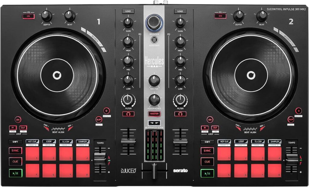 Hercules DJControl Inpulse 300 MK2 – USB DJ controller – 2 decks with 16 pads and built-in sound card – DJ software and tutorials included