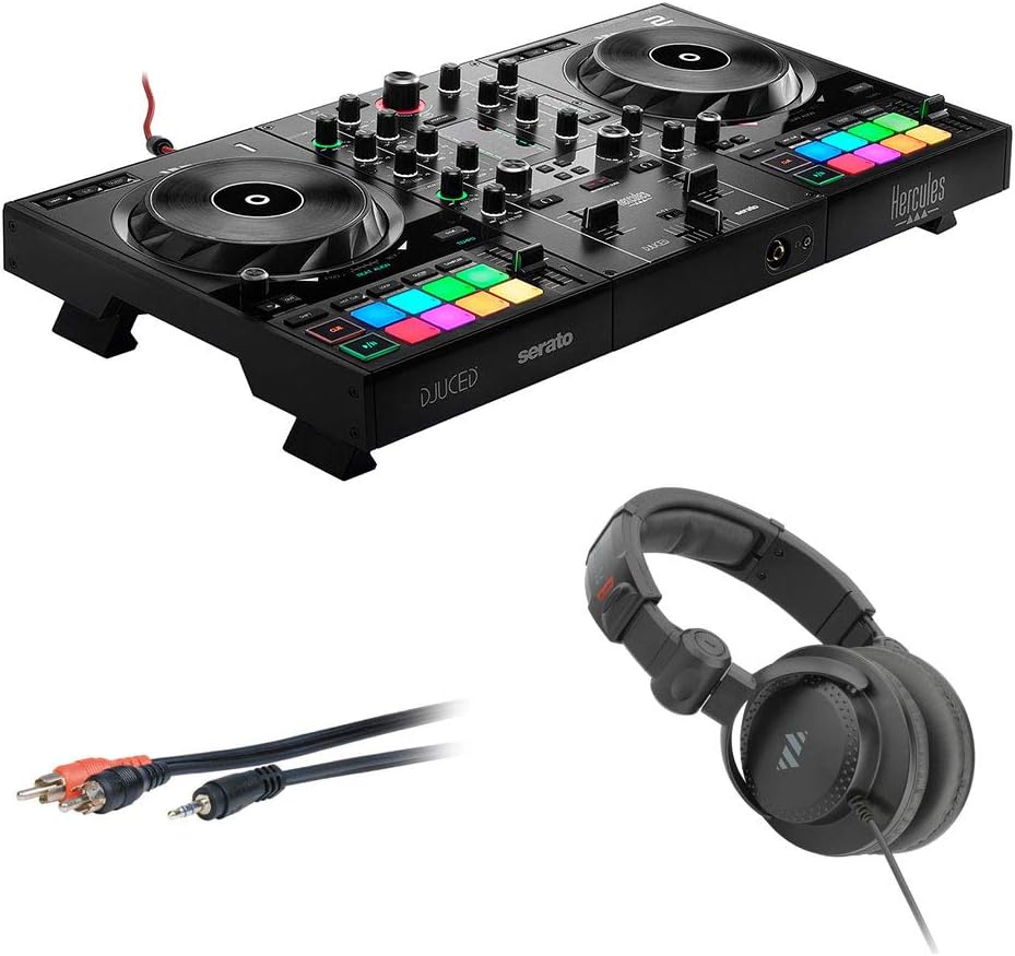Hercules DJControl Inpulse 500 DJ Software Controller with Polsen HPC-A30-MK2 Monitor Headphones  Mini to 6 RCA Cable Bundle