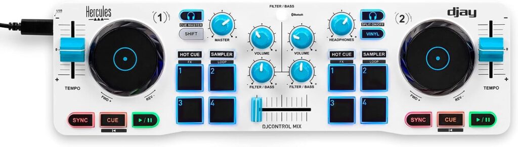 Hercules DJControl Mix Blue – Amazon Exclusive – Bluetooth Wireless DJ Controller for Smartphones (iOS and Android) – dJay app – 2 Decks