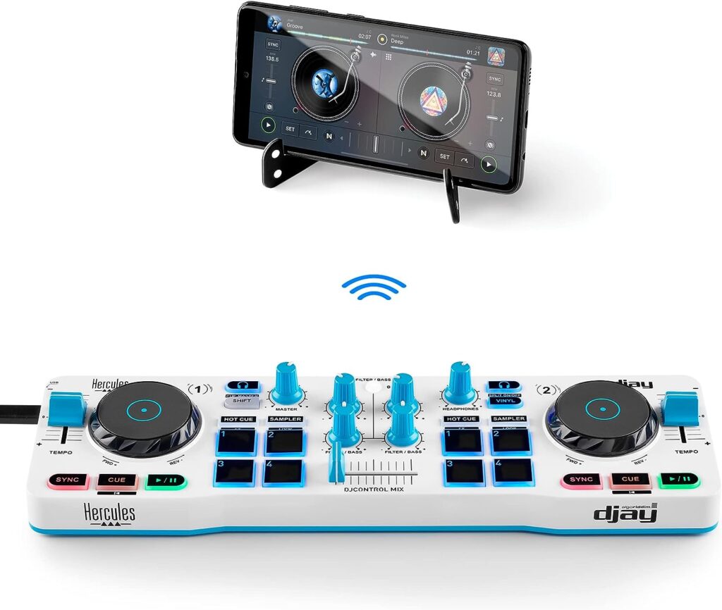 Hercules DJControl Mix Blue – Amazon Exclusive – Bluetooth Wireless DJ Controller for Smartphones (iOS and Android) – dJay app – 2 Decks