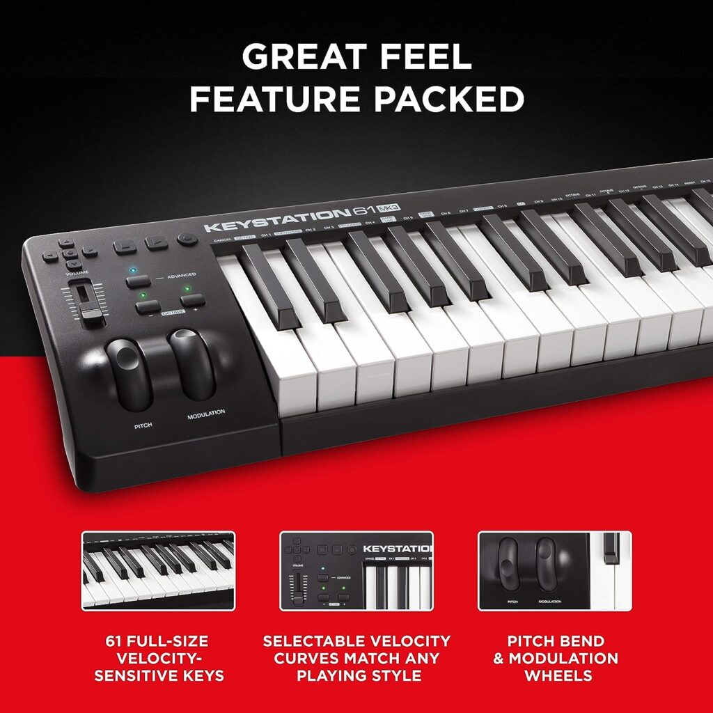 M-Audio Keystation 61 MK3 - Synth Action 61 Key USB MIDI Keyboard Controller with Assignable Controls, Pitch and Mod Wheels, and Software Included,Black