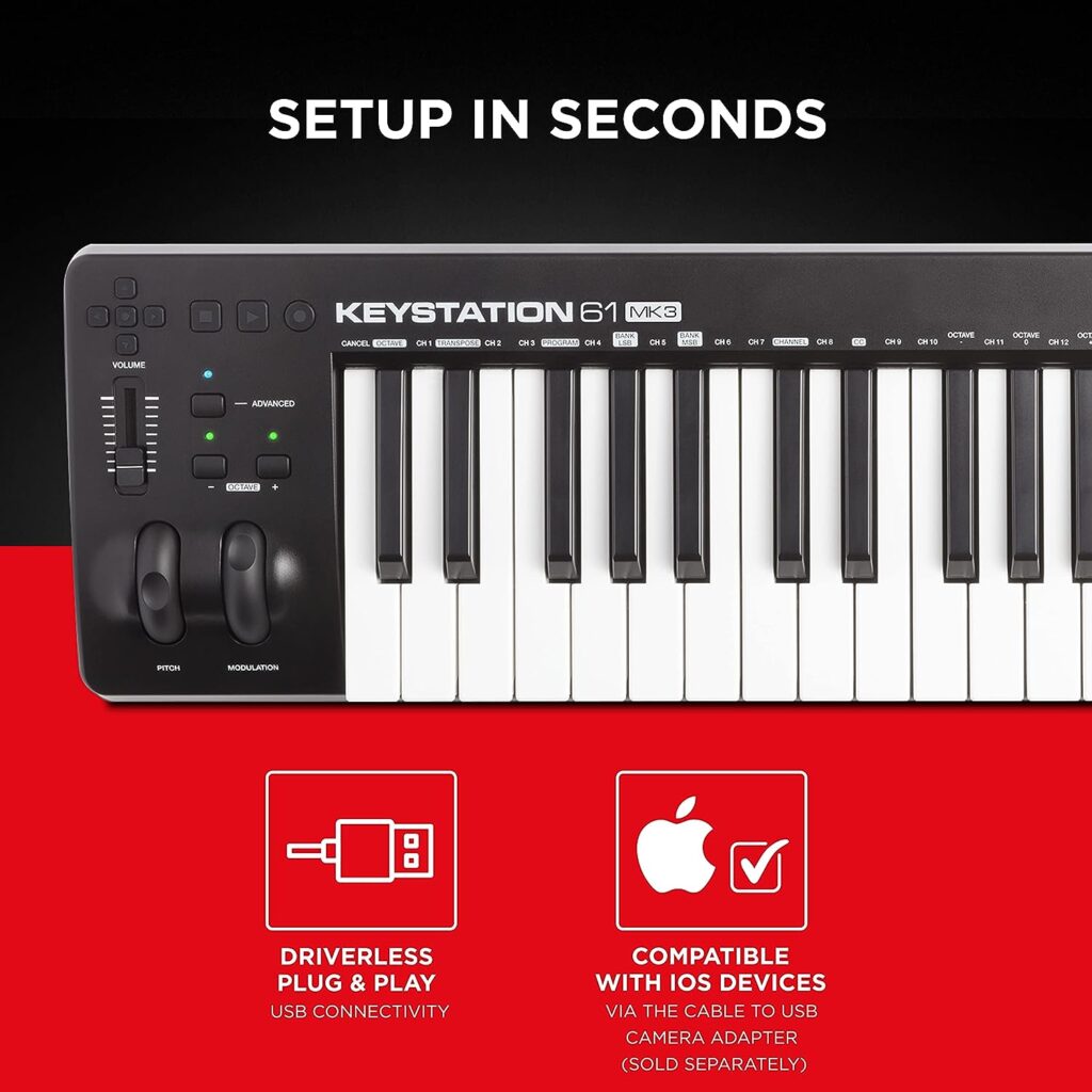 M-Audio Keystation 61 MK3 - Synth Action 61 Key USB MIDI Keyboard Controller with Assignable Controls, Pitch and Mod Wheels, and Software Included,Black