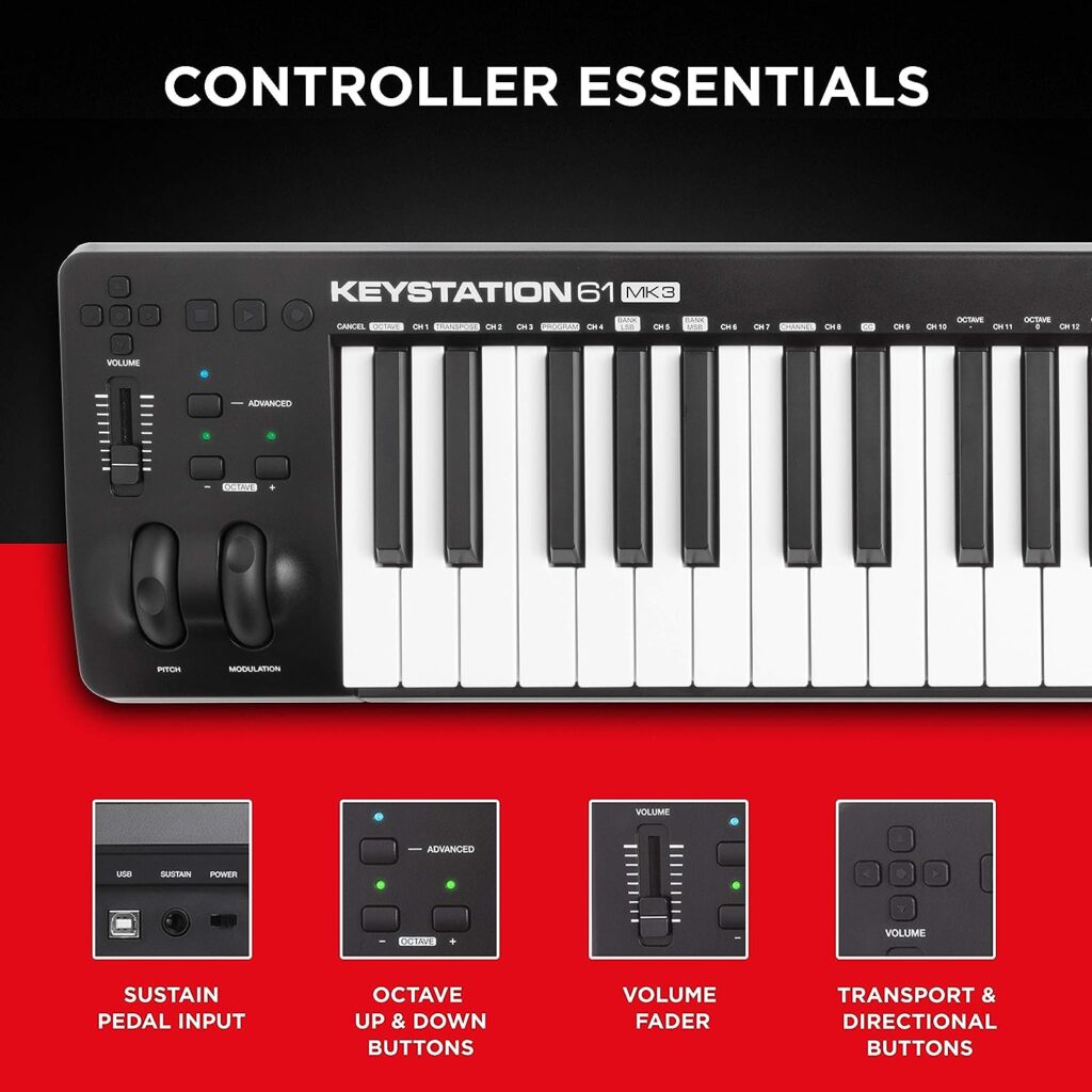 M-Audio Keystation 61 MK3 - Synth Action 61 Key USB MIDI Keyboard Controller with Assignable Controls, Pitch and Mod Wheels, and Software Included,Black