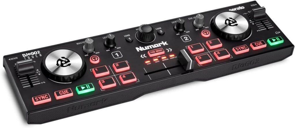 Numark DJ2GO2 Touch – Compact 2 Deck USB DJ Controller For Serato DJ with a Mixer / Crossfader, Audio Interface and Touch Capacitive Jog Wheels