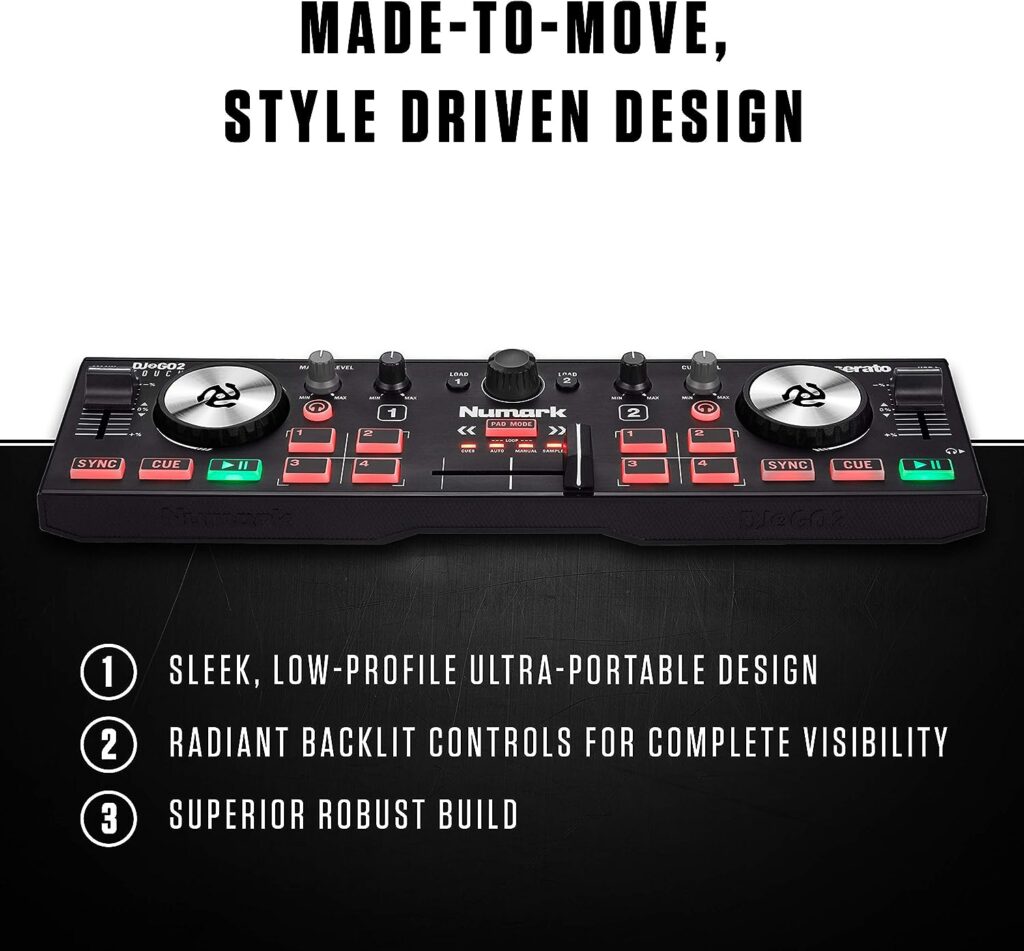 Numark DJ2GO2 Touch – Compact 2 Deck USB DJ Controller For Serato DJ with a Mixer / Crossfader, Audio Interface and Touch Capacitive Jog Wheels
