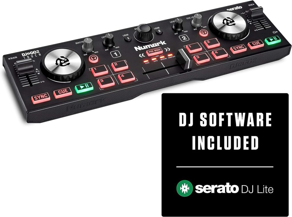 Numark DJ2GO2 Touch – Compact 2 Deck USB DJ Controller For Serato DJ with a Mixer / Crossfader, Audio Interface and Touch Capacitive Jog Wheels