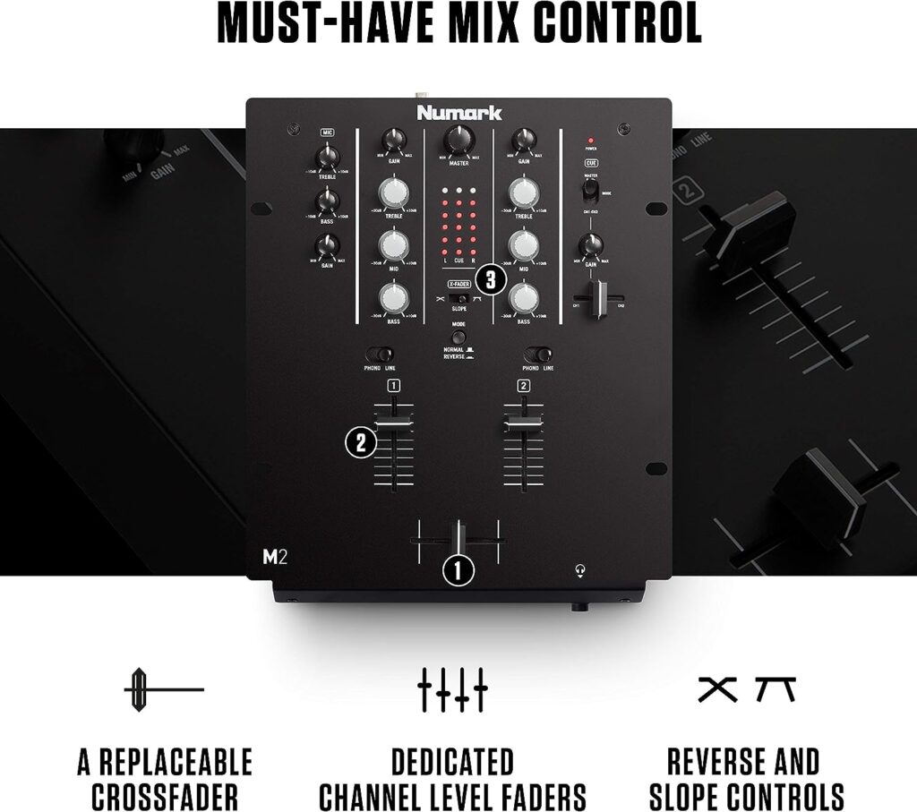 Numark M2 - 2-Channel Scratch DJ Mixer, Rack Mountable with 3-Band EQ, Microphone Input and Replaceable Crossfader with Reverse and Slope Controls