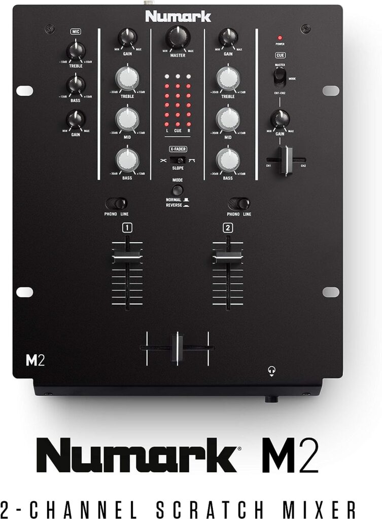 Numark M2 - 2-Channel Scratch DJ Mixer, Rack Mountable with 3-Band EQ, Microphone Input and Replaceable Crossfader with Reverse and Slope Controls