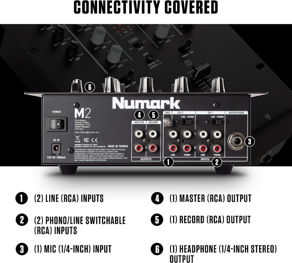 Numark M2 - 2-Channel Scratch DJ Mixer, Rack Mountable with 3-Band EQ, Microphone Input and Replaceable Crossfader with Reverse and Slope Controls