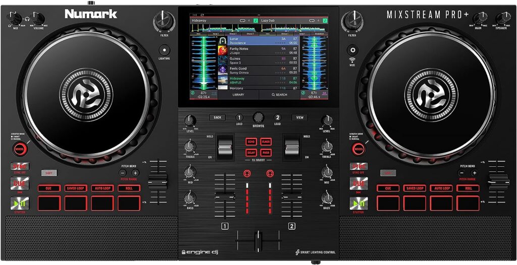 Numark Mixstream Pro+ Standalone DJ Controller, Amazon Music Unlimited Streaming, Mixer, Touchscreen, WiFi, Speakers, works with Serato  Virtual DJ