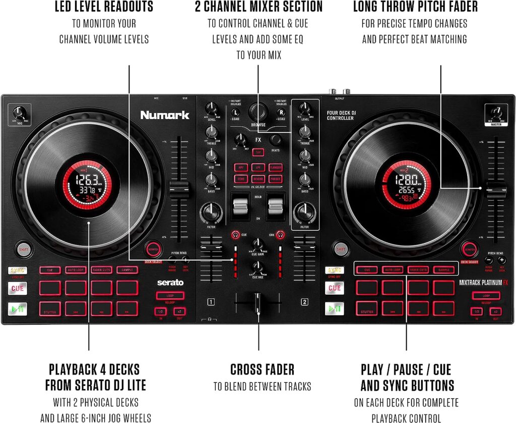 Numark Mixtrack Platinum FX - DJ Controller For Serato DJ with 4 Deck Control, DJ Mixer, Built-in Audio Interface, Jog Wheel Displays and FX Paddles