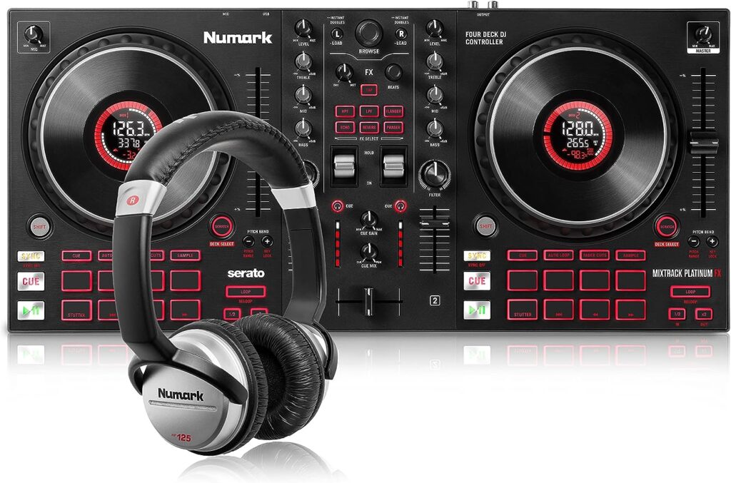 Numark Mixtrack Platinum FX + HF125 - DJ Controller For Serato DJ with 4 Deck Control, DJ Mixer and Audio Interface, and Professional DJ Headphones