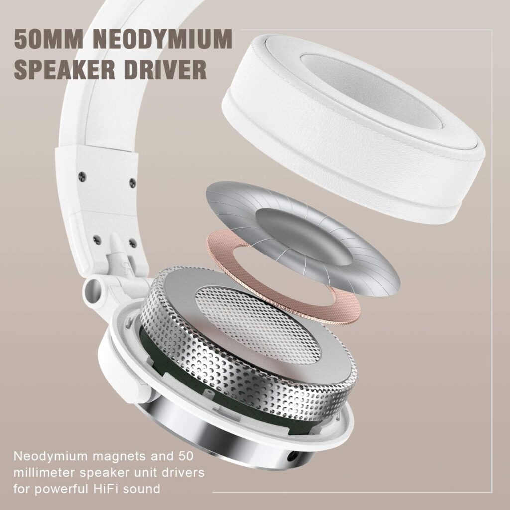 Over-Ear Headphones, Wired Foldable Headsets with 50mm Neodymium Drivers and Stereo Sound, Powerful Bass Headphones with Protein Memory Foam Ear Pads for Electric Drum Piano Guitar AMP (Silver)