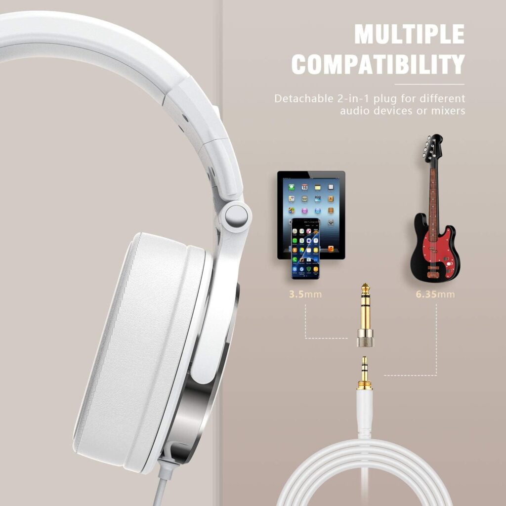 Over-Ear Headphones, Wired Foldable Headsets with 50mm Neodymium Drivers and Stereo Sound, Powerful Bass Headphones with Protein Memory Foam Ear Pads for Electric Drum Piano Guitar AMP (Silver)