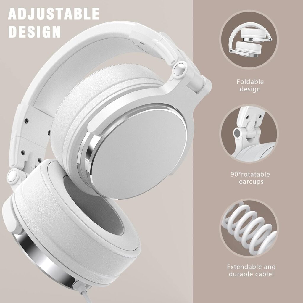 Over-Ear Headphones, Wired Foldable Headsets with 50mm Neodymium Drivers and Stereo Sound, Powerful Bass Headphones with Protein Memory Foam Ear Pads for Electric Drum Piano Guitar AMP (Silver)