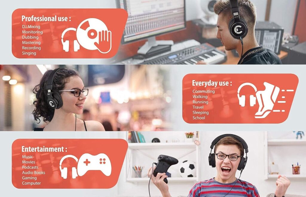 TUNICAL Over-Ear Headphones for Studio Recording Tracking Mixing Podcast Production, Digital Piano, Closed Back Comfortable DJ Earphones, Featuring 45mm Drivers and Isolating Earcups